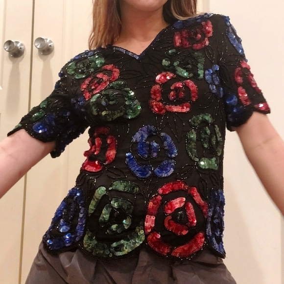 Vintage Tops - 1980's Stenay floral glitz & glam party top